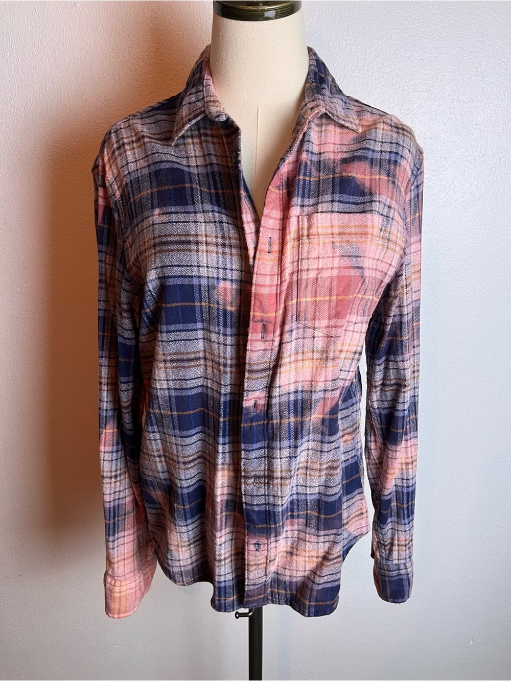Women's Pink and Navy Plaid Button-Down Shirt